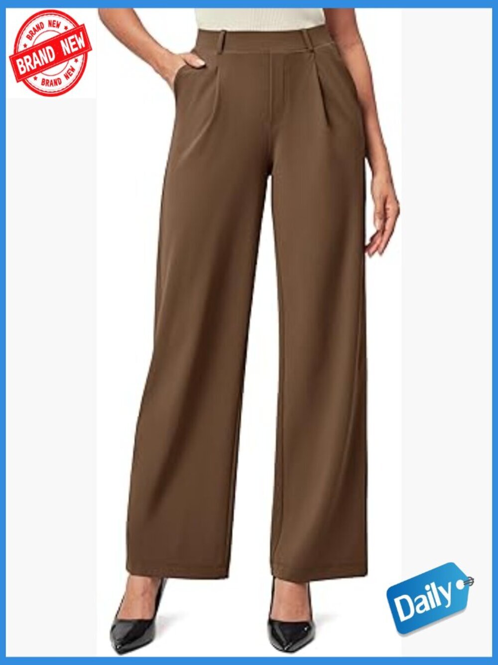Wide Leg Dress Pants High Waisted Pull On Stretchy Work Trousers with Pockets